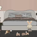 Kids Double Bed in Cozy Bedroom with Pink Striped Walls Stuffed Toys and Toy Train