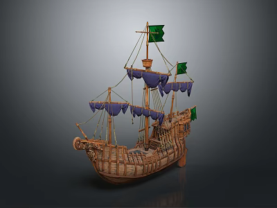 Ancient Wooden Sailing Ship Model With Green Flags And Purple Decorations 3d model