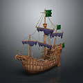 Ancient Wooden Sailing Ship Model With Green Flags And Purple Decorations