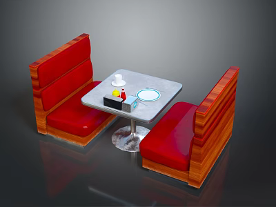 Warm Restaurant Interior With Red Booth Seats Wooden Frame And Square Tabletop 3d model