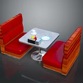 Warm Restaurant Interior With Red Booth Seats Wooden Frame And Square Tabletop