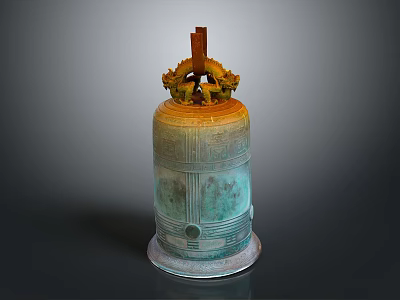 Ancient Architectural Bronze Bell Featuring Dragon Ornament Carved Patterns And Base 3d model