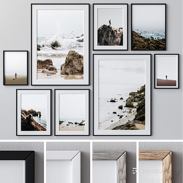 Abstract Seaside Paintings Featuring Wave Rock Beach Figures In Multiple Framed Wall Decor 3d model 