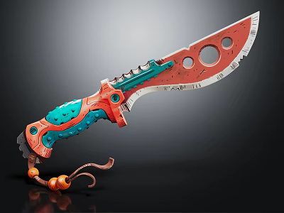 Artistic Decorative Knife With Red Blade Green Textured Handle Circular Holes And Orange Rope Tassel 3d model