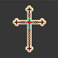 Intricate Golden Cross Sculpture With Red And Blue Decorative Carvings