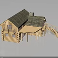 Traditional Wooden Log House Structure With Sloped Roof Wooden Stairs And Veranda Platform