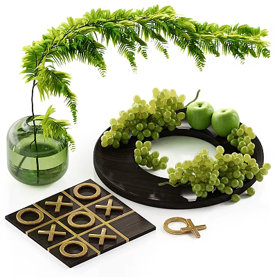 Ornamental Decor Combination With Green Fern Grapes Apples Tray Tic Tac Toe And Golden Decor 3d model
