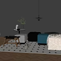 Modern Room With Bed Benches Featuring Various Textures And Geometric Patterns 3d model