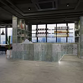 Modern Cafe Interior Design With Wooden Tables Leather Chairs Pendant Lights And Large Windows