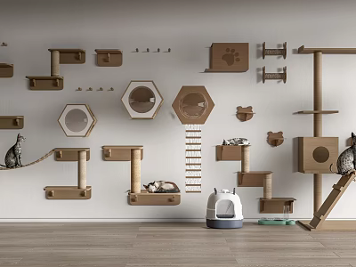 Cat Living Supplies Including Wooden Cardboard Trees Beds Litter Box And Toys On White Wall 3d model