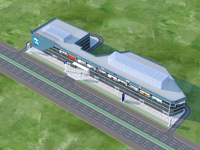 Modern Commercial Building Design With Flat Roof Roadside Storefronts And Green Area 3d model