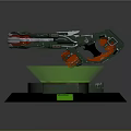 Futuristic Green Red Metallic Weapon On Black Hexagonal Platform With Green Glowing Ring And