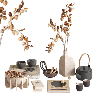 Minimalist Tea Set with Kettle Cups Bowls Vase Dried Branches and Books 3d model