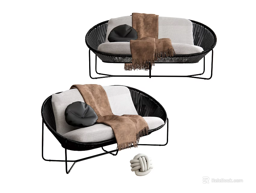 Modern Curved Multi Person Sofa With Black Frame White Cushion And Brown Blanket 3d model 
