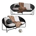 Modern Curved Multi Person Sofa With Black Frame White Cushion And Brown Blanket