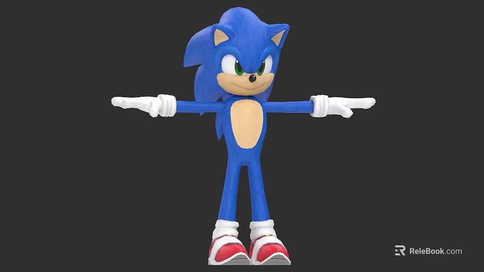 Blue Hedgehog Character With Green Eyes White Gloves Red White Shoes And Outstretched Arms 3d model 