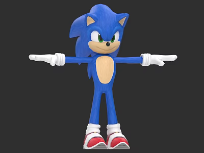 Blue Hedgehog Character With Green Eyes White Gloves Red White Shoes And Outstretched Arms 3d model