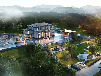 Luxury Detached Villa With Mountain View Lush Green Lawn Swimming Pool And Outdoor Patio 3d model