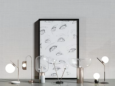 Modern Tech Exhibition Hall Featuring Contemporary Lamps And Eye Sketch Artwork On Gray Textured Wall 3d model