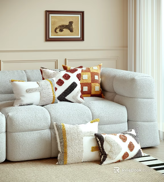 Multiple Decorative Pillows With Various Patterns And Colors On Light Gray Sofa 3d model 