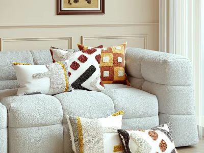 Multiple Decorative Pillows With Various Patterns And Colors On Light Gray Sofa 3d model