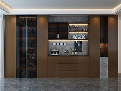 Modern Luxury Dining Room Sideboard With Wooden Cabinets Glass Door Wine Rack And Marble Countertop 3d model