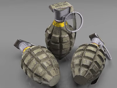 Three Olive Green Grenades With Yellow Ring Metal Pin And Textured Body Military Weapon 3d model