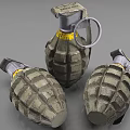 Three Olive Green Grenades With Yellow Ring Metal Pin And Textured Body Military Weapon