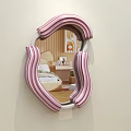Pink And White Striped Curved Mirror Reflecting Bedroom Interior With Bed