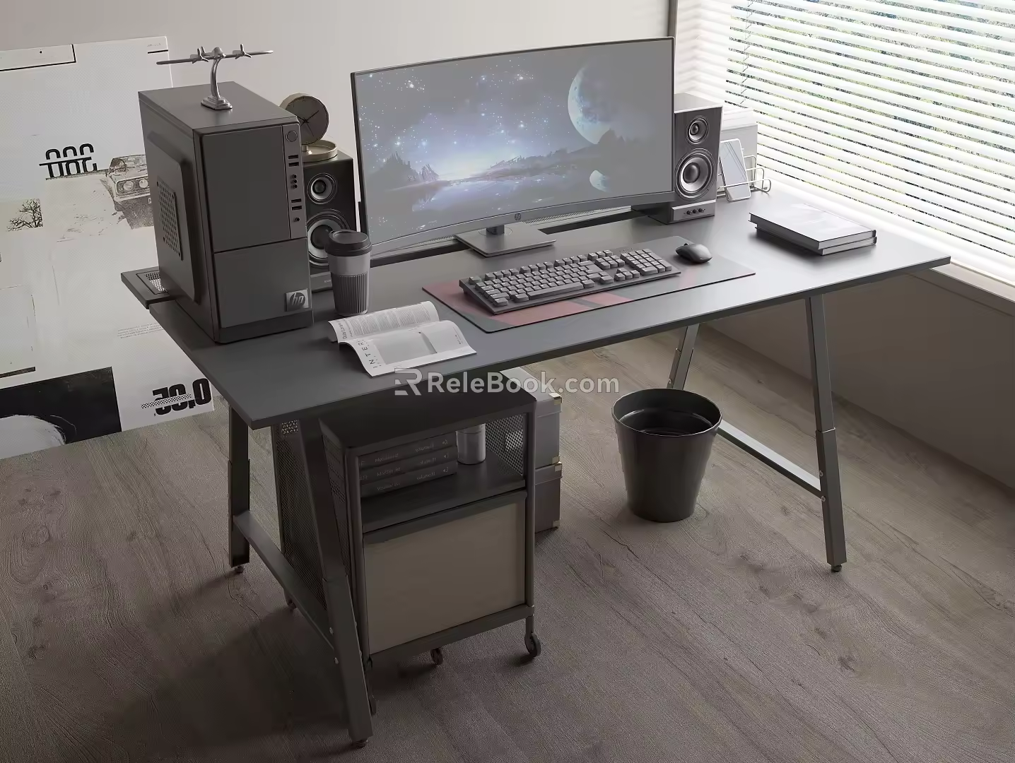 Solid Wood Computer Desk Rolling Locker Computer Monitor Host Keyboard Mouse Speaker Phone Clock Accessories Coffee Cup Books 3d model