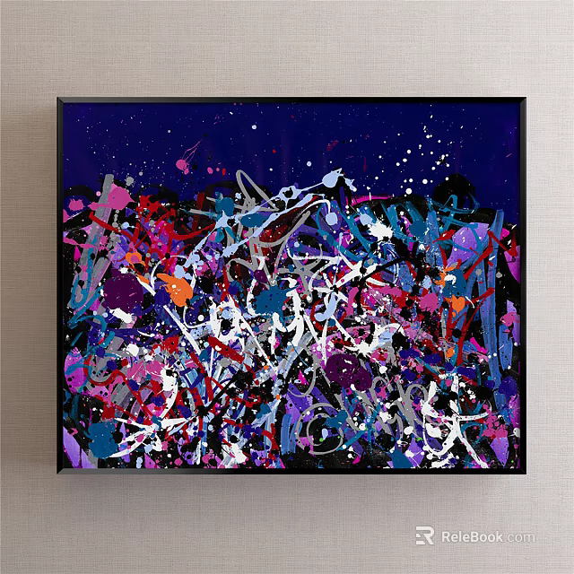Vibrant Abstract Painting Featuring Dark Blue Background Colorful Splatters And Dynamic Brush Strokes 3d model 