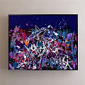 Vibrant Abstract Painting Featuring Dark Blue Background Colorful Splatters And Dynamic Brush Strokes