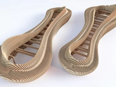 Two Modern Wooden Leisure Chairs With Wavy Curved Layered Structure Design 3d model