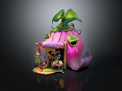 Cartoon Scene With Pink Flower Shaped House Green Vines Leaves Little Fairy and Doorway Decorations 3d model