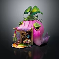 Cartoon Scene With Pink Flower Shaped House Green Vines Leaves Little Fairy and Doorway Decorations