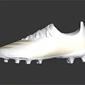 White Gold Soccer Cleats with Gold Stripes Upper and Spiked Soles on Black Reflective Background