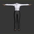 Man With Arms Outstretched In White Shirt Black Pants Black Shoes On Gray Background