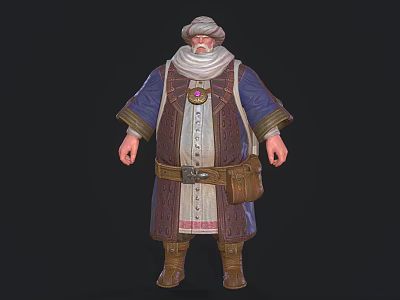 Elderly Bearded Game Film Character In Traditional Robe With Turban And Waist Pouch 3d model