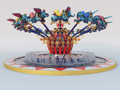Colorful Carousel Amusement Ride With Elephant Seats And Ornate Base 3d model