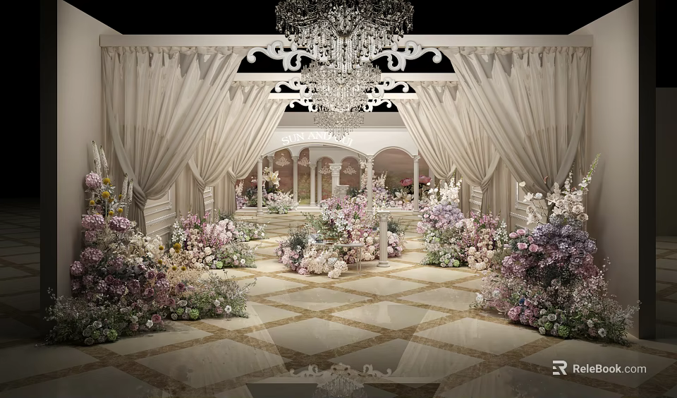 Elegant Romantic Photo Spot With White Curtains Chandelier Arches Colorful Flowers And Patterned Floor Tiles 3d model 