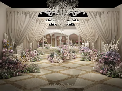 Elegant Romantic Photo Spot With White Curtains Chandelier Arches Colorful Flowers And Patterned Floor Tiles 3d model