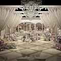 Elegant Romantic Photo Spot With White Curtains Chandelier Arches Colorful Flowers And Patterned Floor Tiles