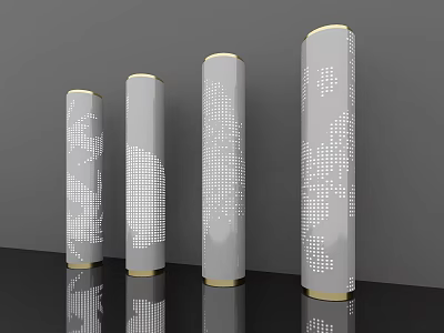 Four Gray Columns With Gold Trim And Perforated Patterns On Black Smooth Surface 3d model