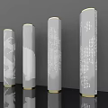 Four Gray Columns With Gold Trim And Perforated Patterns On Black Smooth Surface 3d model