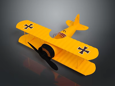 Yellow Biplane Model With Black Crosses On Wings And Propeller 3d model