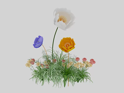 Elegant Vase with White Purple Orange Flowers and Green Grass Decor 3d model