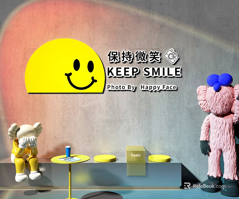 Photo Check In Spot With Yellow Smiley Face Keep Smile Sign And Stuffed Toys 3d model 