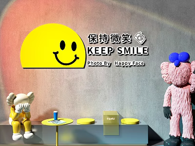 Photo Check In Spot With Yellow Smiley Face Keep Smile Sign And Stuffed Toys 3d model