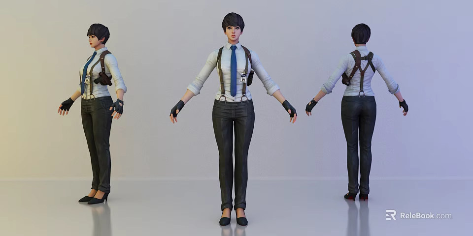 Game Movie Character White Shirt Blue Tie Black Suspenders Short Dark Hair Front Back Side Views 3d model 