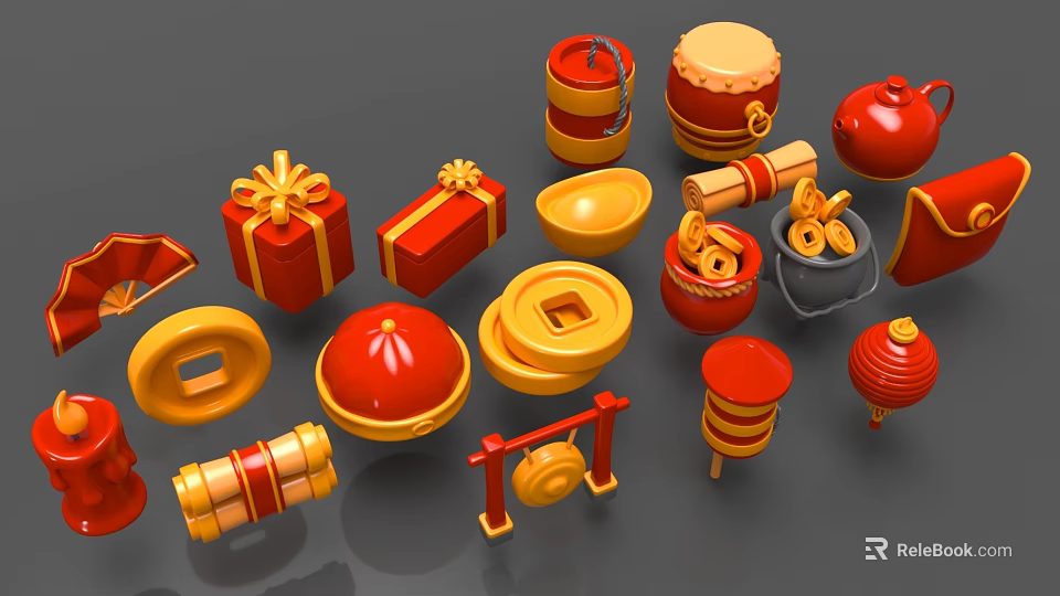 Traditional Chinese Festive Decorative Items With Red Gold Gift Boxes Lanterns Drums And Ingots 3d model 
